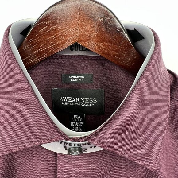 AWEARNESS Kenneth Cole Mens Slim Fit Non-Iron Stretch Shirt 15.5 32/33 Burgundy - Picture 6 of 6